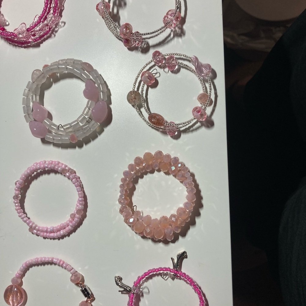 Lot of 8 Handmade Pink Beaded Bracelets, Wrap or Magnetic Closure